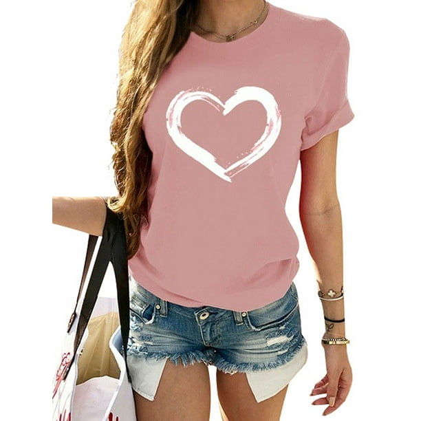 Fashion Women Ladies Short Sleeve T Shirt Tops Blouse Heart Printed Casual Tee